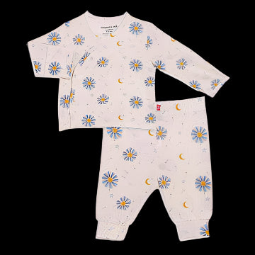 A two-piece baby kimono set with floral and moon patterns on a light background, consisting of a long-sleeved top and matching pants.